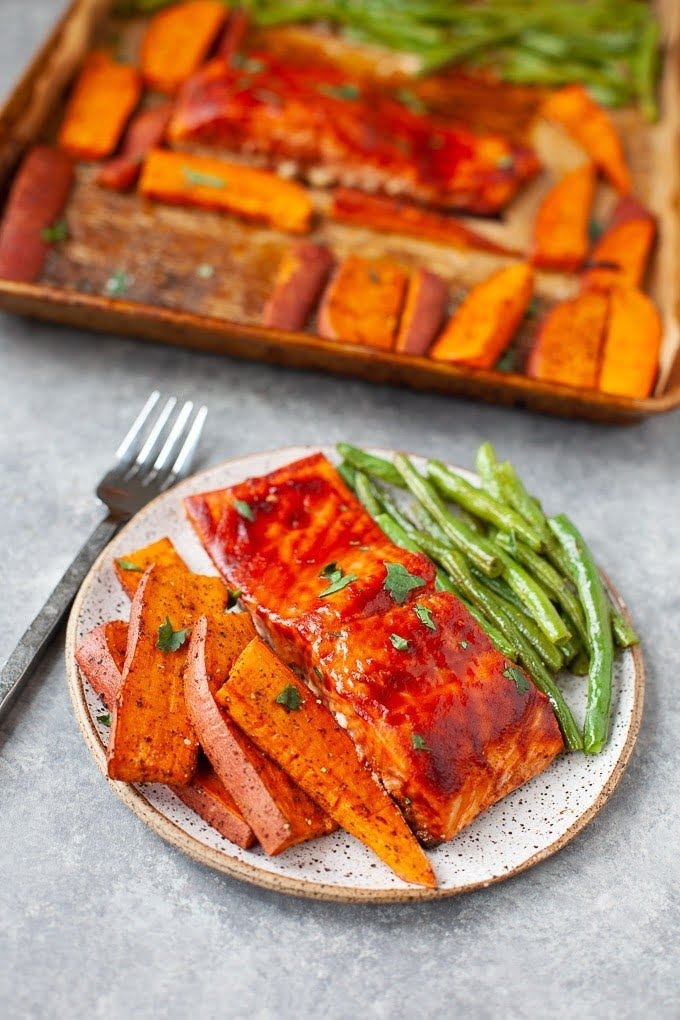 salmon and vegetables on plate with sheet pan
