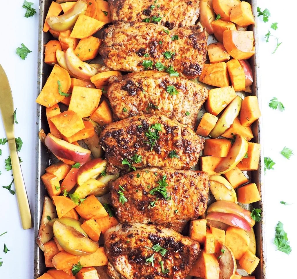 pork chops apples sweet potatoes on sheet pan