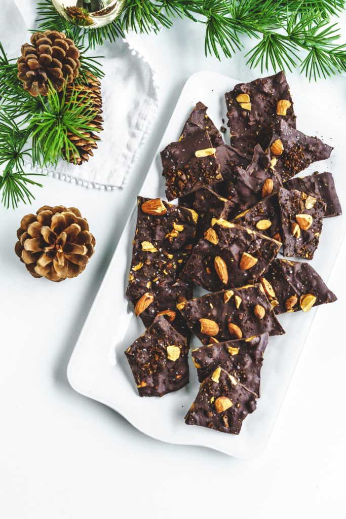 chocolate coffee bark with almonds on tray