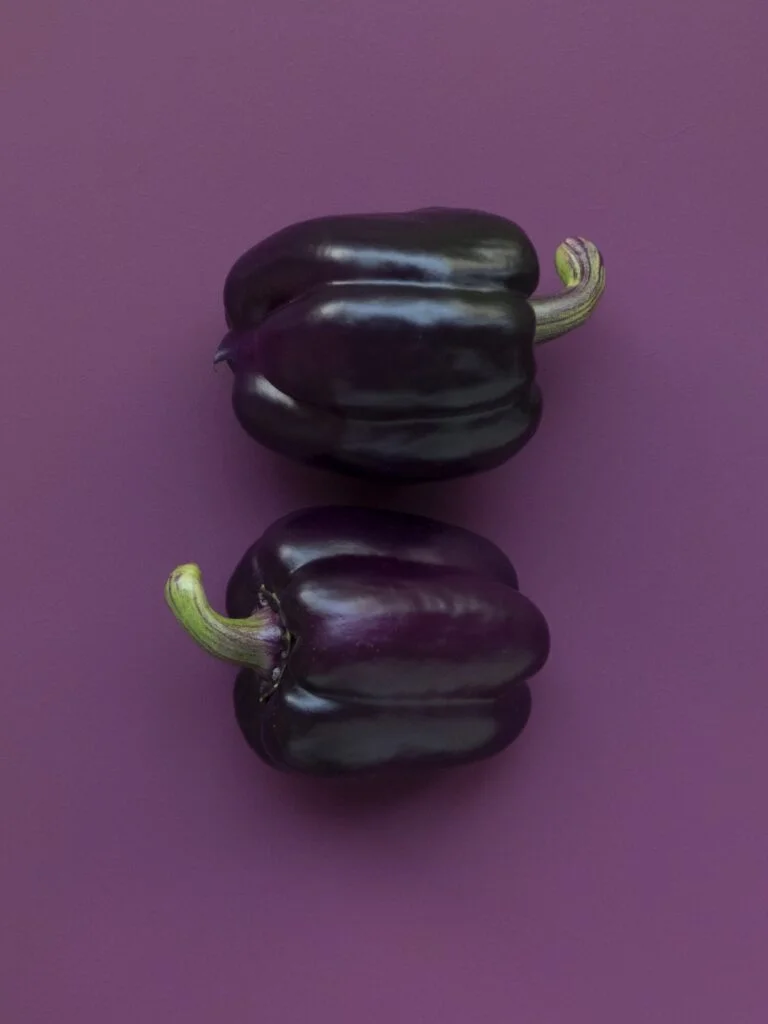 two purple bell peppers against purple background