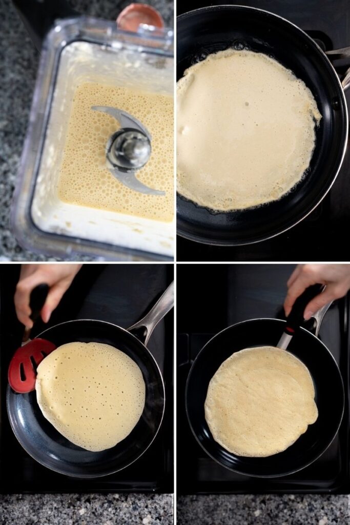 crepe preparation steps - making batter in a blender, cooking in pan and flipping
