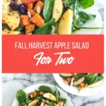 plates with spinach salad topped with apples and sweet potatoes