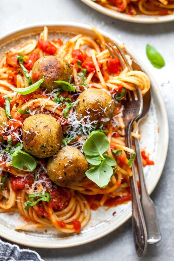chickpea meatballs and pasta with red sauce