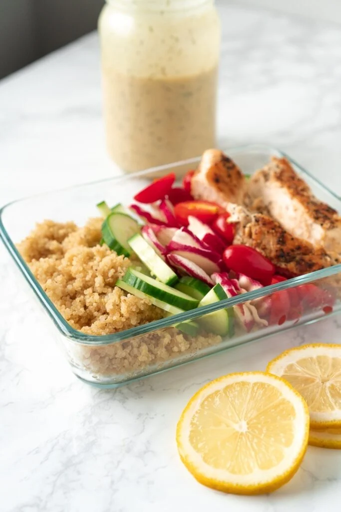 rectangular food container with quinoa power bowl
