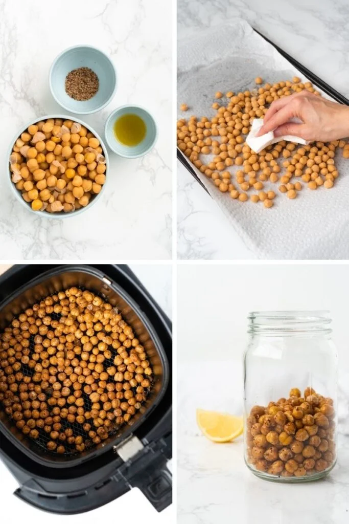 air fryer chickpeas preparation steps - assemble ingredients, rinse and dry chickpeas, air fry, then store