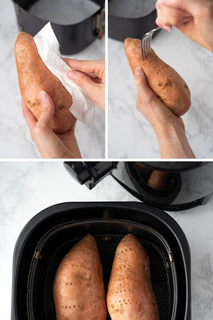 preparing air fryer sweet potatoes