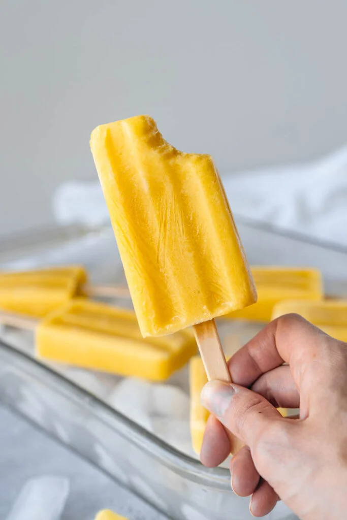 hand holding up a popsicle with a bite taken out of it