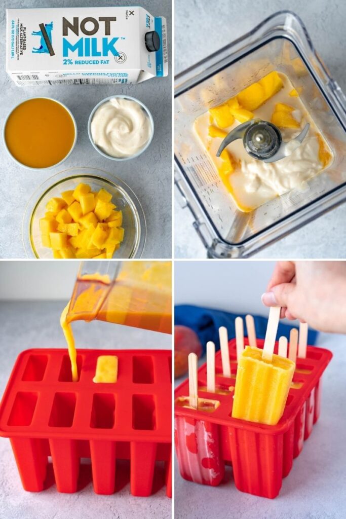 mango popsicle preparation steps - gather ingredients, then blend, pour into popsicle molds, and freeze