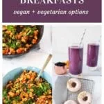 collage of plant-based breakfasts - veggie hash, donut, smoothie