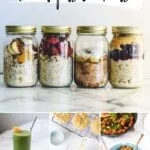 collage of plant-based breakfasts - overnight oats, green smoothie, chickpea muffin, and veggie hash