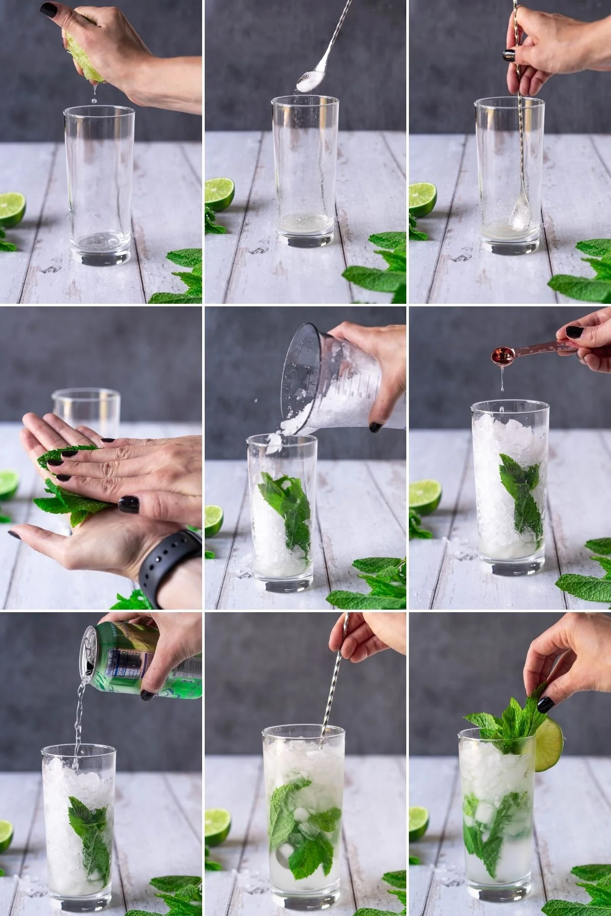 collage of mojito preparation steps