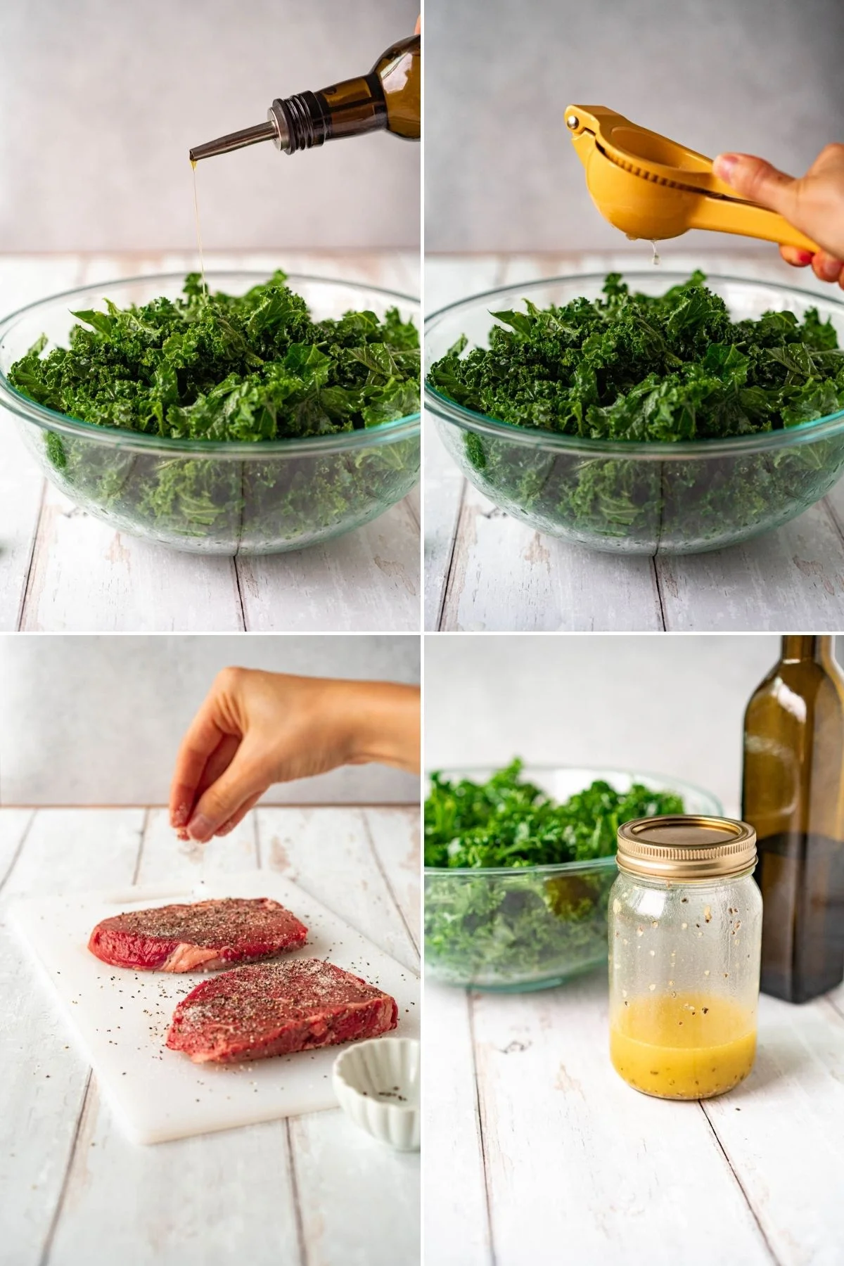preparation steps for steak and kale salad, including dressing kale, seasoning steak, and making dressing