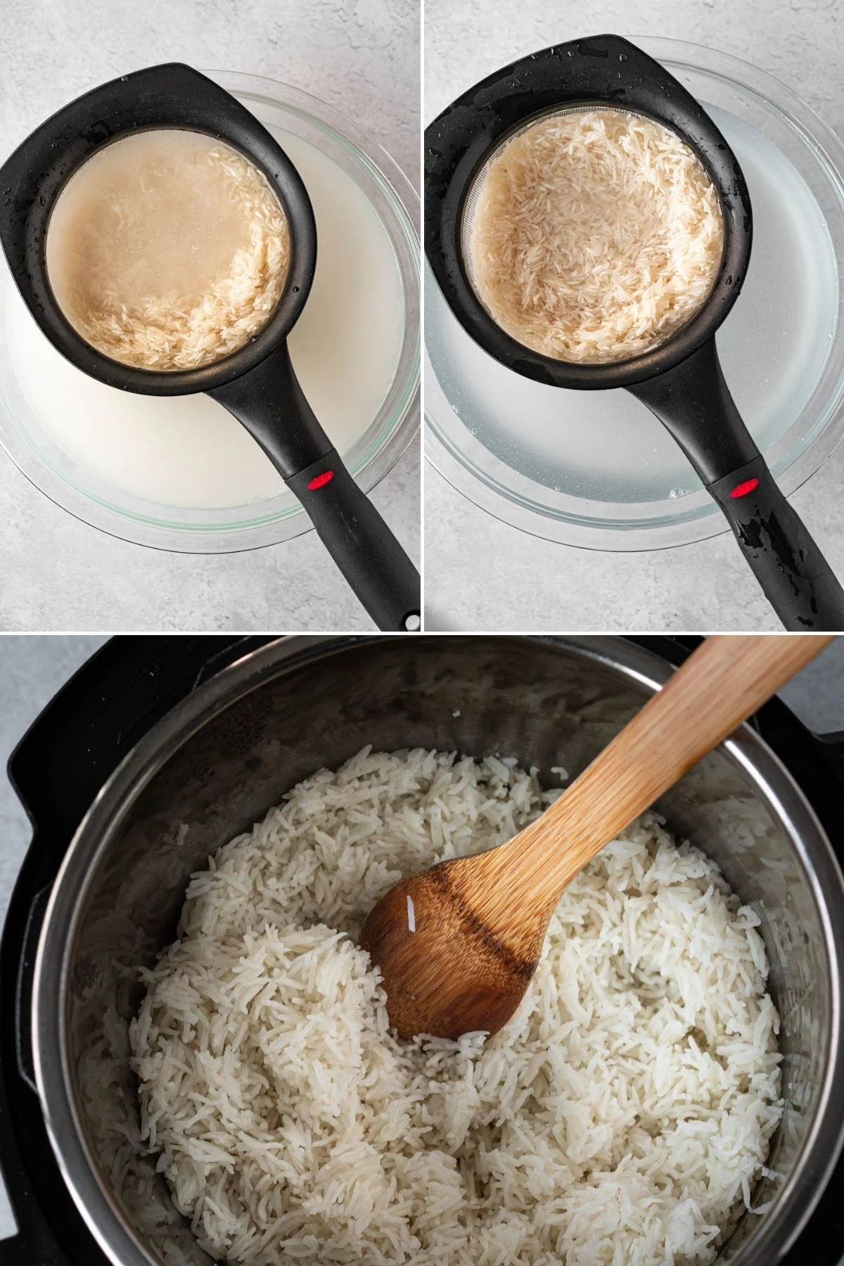 collage showing steps for preparing rice - start by rinsing rice at least twice, then cook in an instant pot for 12 minutes and fluff when done