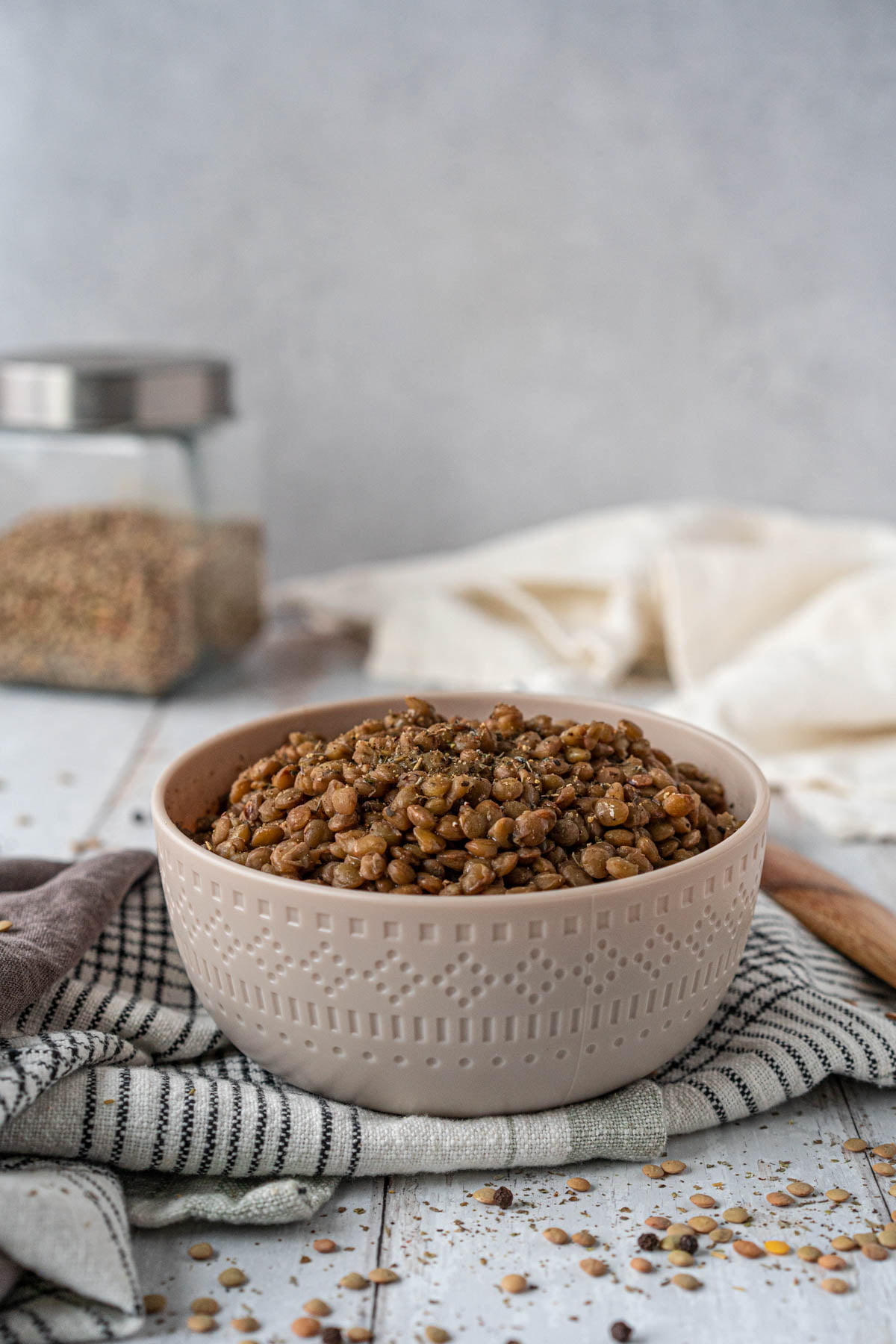 side view of a bowl of lentils