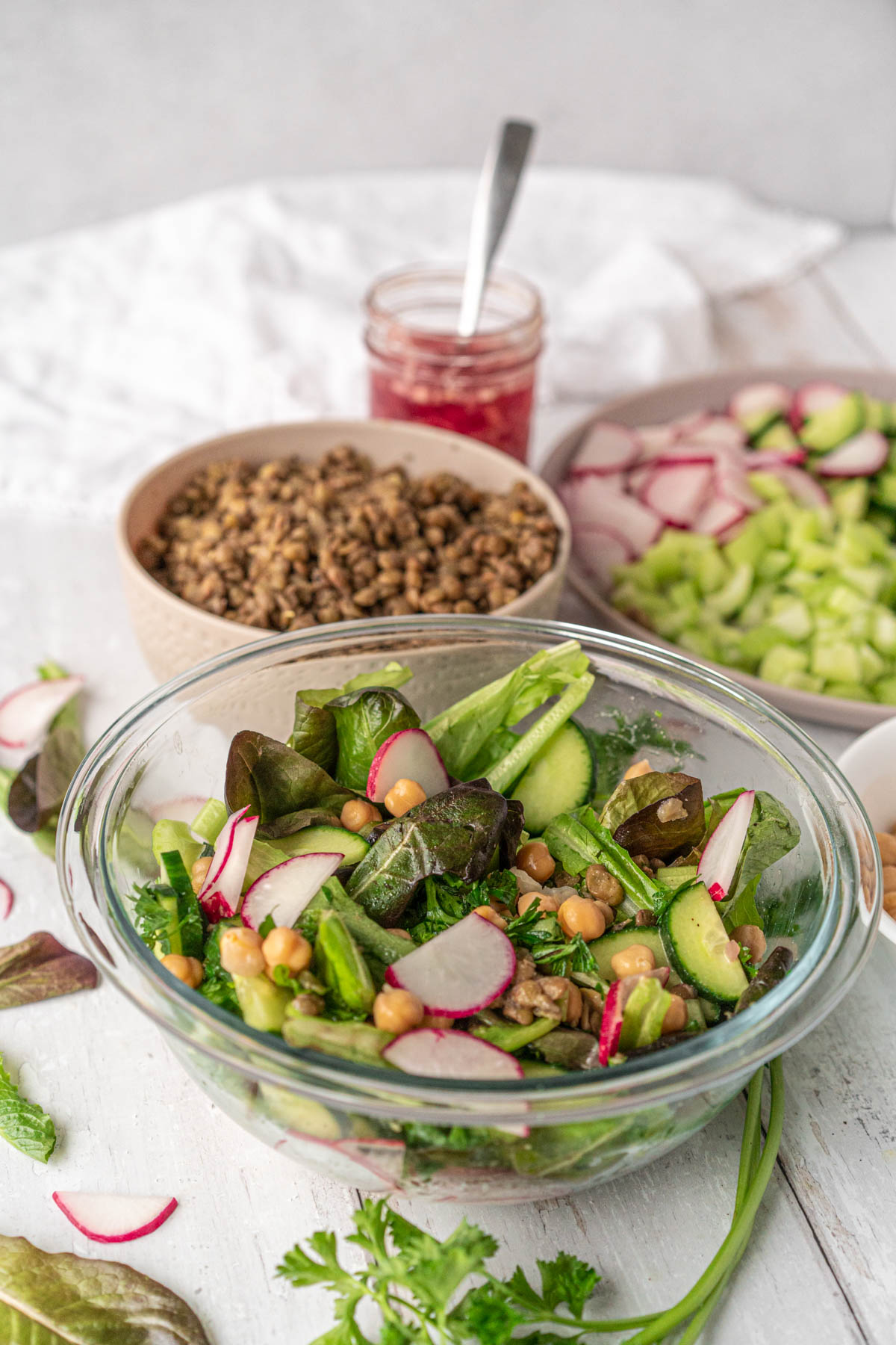 vegan lentil salad and ingredients