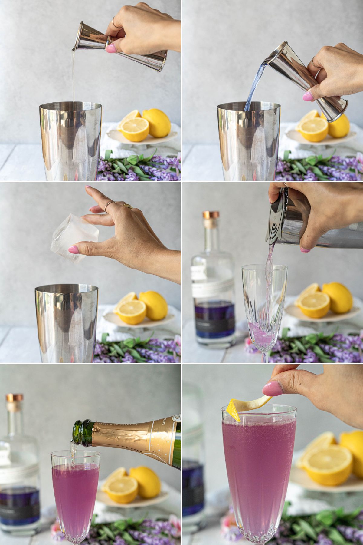collage of process steps for making a French 75 cocktail – add simple syrup, add gin, add ice, strain into a glass, top with champagne, and garnish with a lemon twist