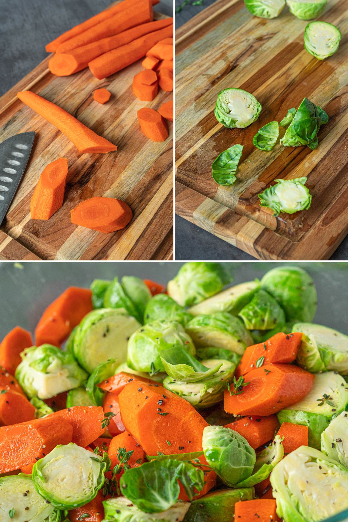 collage with top two images showing chopped carrots and Brussels sprouts on cutting boards and bottom image showing raw chopped carrots and Brussels sprouts in a bowl with fresh thyme pieces