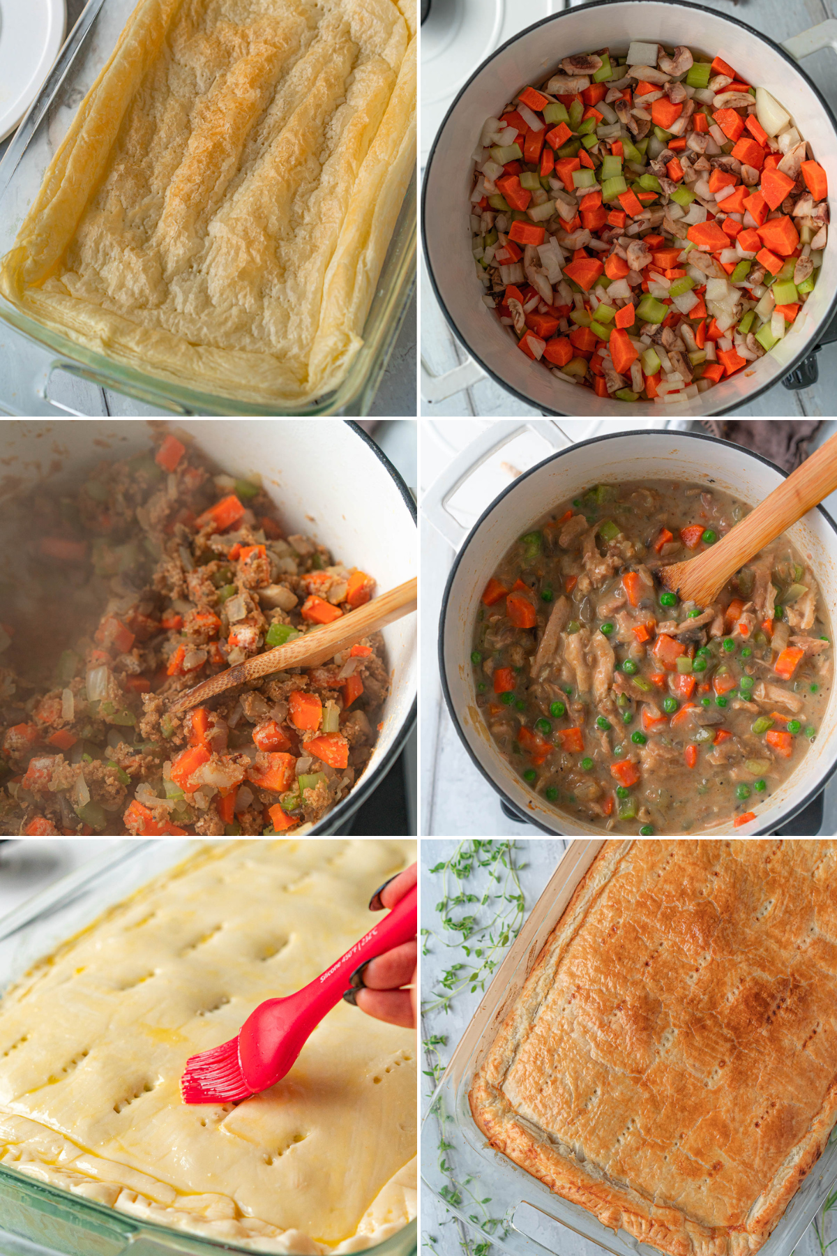 collage of images showing pot pie preparation steps; image 1 - par-baked puff pastry crust in a baking dish; image 2 - diced carrots, onions, celery, and mushrooms in a white pot; image 3 - making a roux in a pot with sautéed vegetables and flour; image 4 - finished pot pie filling in a pot; image 5 - brushing raw top pie crust with egg wash; image 6 - finished pot pie in a baking dish