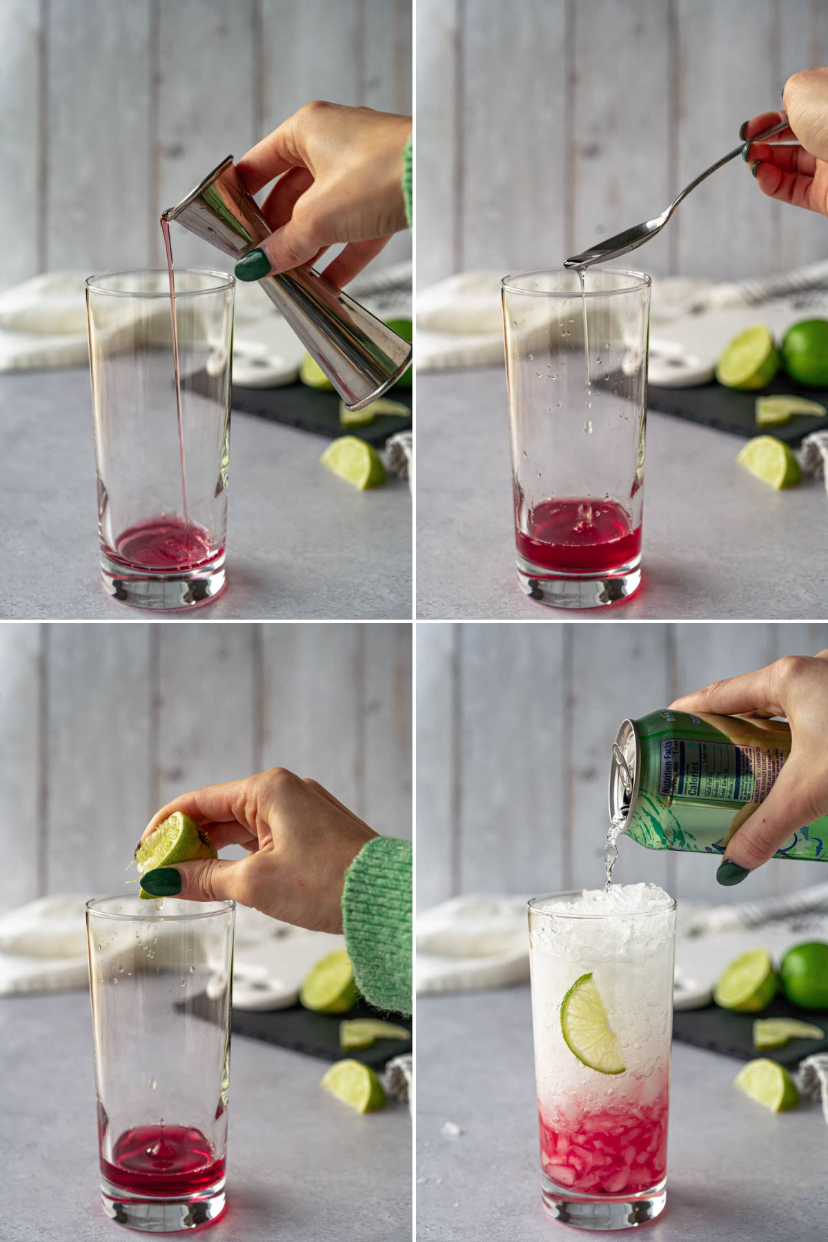 collage with four images showing process of building a mocktail; image 1 - hand holding a metal cocktail jigger and pouring cranberry juice into a glass; image 2 - spoon drizzling simple syrup into a glass; image 3 - squeezing lime into a glass; image 4 - hand holding a green can of sparkling water and pouring it into a glass filled with crushed ice and magenta-colored juice