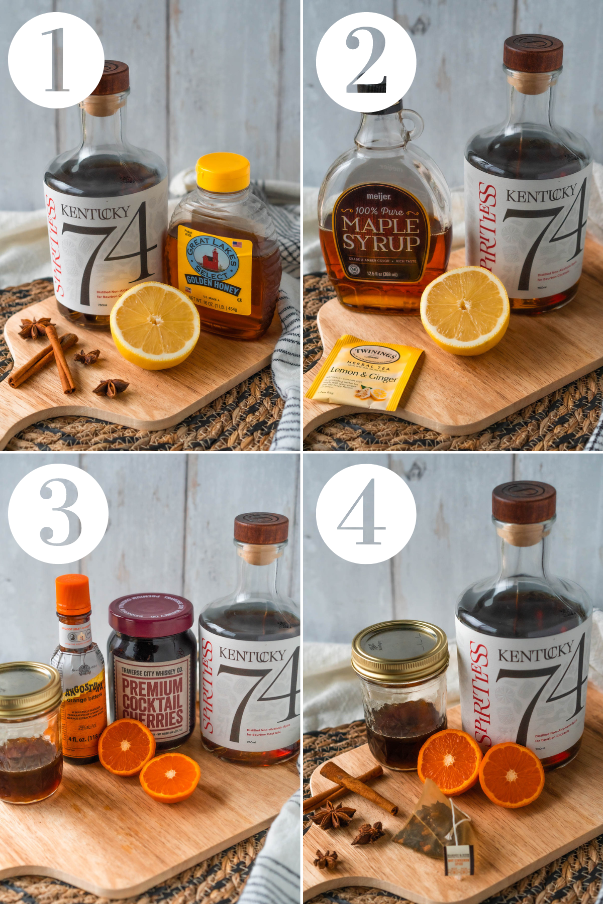 collage of four images showing hot toddy variations; 1st image is a classic hot toddy with honey and lemon; 2nd image is a maple and herbal tea version; 3rd image is an old fashioned version; 4th image is an orange spice version