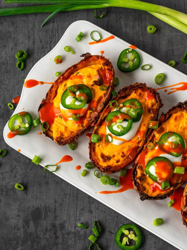 Stuffed Air Fryer Potato Skins with Buffalo Sauce